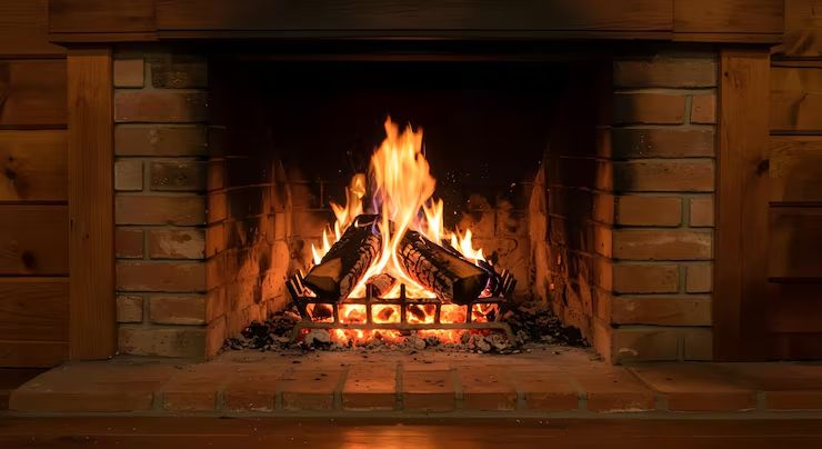 Bright fire burning in a brick-lined open hearth